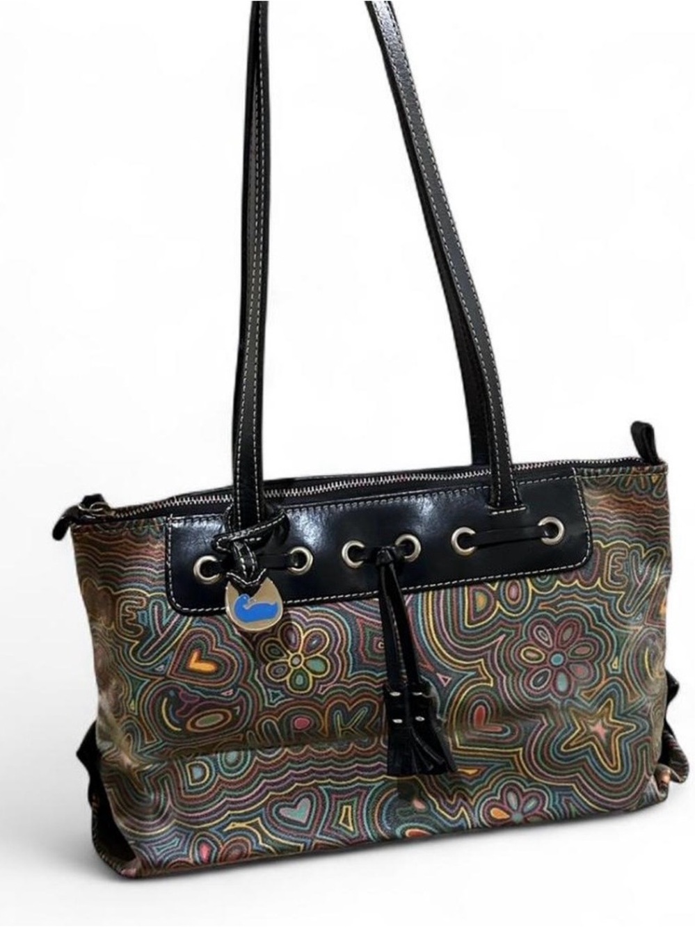 Dooney & Bourke Multicolor Patterned Shoulder Tote with Black Trim